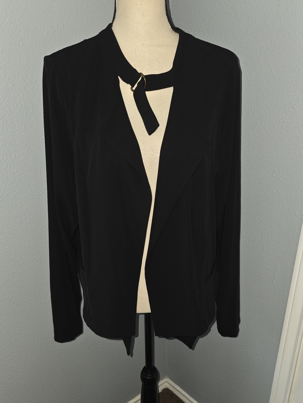 torrid Black Open-Front Blazer with Neck Tie and Gold Ring